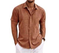 Chemise Lin Homme Manches Courtes Casual Été Leger Plage Chemise Casual Bouton Chemises en Lin Classique Solid Henley Shirt pour Hommes (Brown,M)