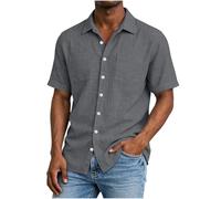 Chemise Lin Homme Manches Courtes Chemise Été Coton Lin Couleur Unie Chemises Décontractées Leger Respirant T-Shirt Confortable Lâche avec Boutonnée Poches Chemisier pour Plage Vacances Travail