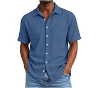 Chemise Lin Homme Manches Courtes Chemise Été Coton Lin Couleur Unie Chemises Décontractées Leger Respirant T-Shirt Confortable Lâche avec Boutonnée Poches Chemisier pour Plage Vacances Travail