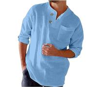 Chemise Lin Homme Manches Longues col Mao Homme Cotten Lin Chemise Ete Homme Bouton Chemise Henley Shirts de Plage Homme Manches Longues Poids LéGer Chemise pour L'éTé Grande Taille Pas Cher