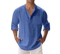 Chemise Lin Homme Manches Longues Été Mao Décontractée Henley Shirts de Plage Classique