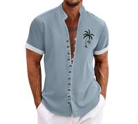 Chemise Lin Homme Vintage, T-Shirts à Manches Courtes Homme Col Mao,Blouse De Travail Homme Imprimé BoutonnéE Solide Haut D'éTé Grande Taille Hawaienne Top RéTro DéContractée Ample Tunique pour Plage