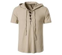 Chemise Lin Style Rétro Traditionnel pour Homme Lacets Manches Courtes,T-Shirts à Capuche Col V Coton Lin,Tee Shirt Coupe Ajustée Renaissance Médiévales,Chemise Couleur Unie en Lin Coton