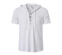 Chemise Lin Style Rétro Traditionnel pour Homme Lacets Manches Courtes,T-Shirts à Capuche Col V Coton Lin,Tee Shirt Coupe Ajustée Renaissance Médiévales,Chemise Couleur Unie en Lin Coton