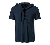 Chemise Lin Style Rétro Traditionnel pour Homme Lacets Manches Courtes,T-Shirts à Capuche Col V Coton Lin,Tee Shirt Coupe Ajustée Renaissance Médiévales,Chemise Couleur Unie en Lin Coton