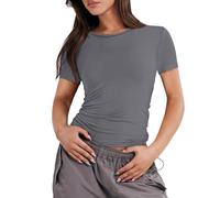 Chemise Lin,Top Bandeau T-Shirt Manches Courtes pour Femmes Solide Sexy Mignon Slim Serré Haut Court Tenue De Sport Femme Tunique D'Intérieur T Shirt Oversize Femme(4-Gris,XS)