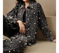 Chemise longue en jean élégante et pour femmes, décorée de perles et de strass. Chemise premium pour le Nouvel An L,M,S,XLUnicolore,Tout ImpriméJean
