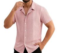 Chemise Manches Courtes Homme Effet Jacquard, Chemisette Boutonnée à Col Ouvert, Haut Décontracté à Texture Ajourée et Bandes Verticales | Plage, Vacances, Soirée, W nd, Été