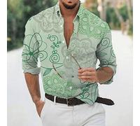 Chemise Manches Longues Imprimée Homme,Hommes Floraux Manches Longues Chemises Ligne Verte Fleurs Motif Chemise Hommes Mode Décontracté Ample Bouton Bas Chemise Appliquer À Wedding Party Prom Pe