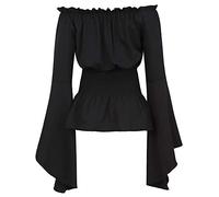 Chemise Medieval Femme À Épaules Dénudées- Haut Gothique Manches Trompette Steampunk Chic Cour Vintage Tunique pour Renaissance Victorien Halloween Carnaval Cosplay Coupe Décontracté Shirt