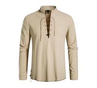 Chemise médiévale à lacets pour homme - Chemise viking en lin avec lacets - T-shirt de pirate vintage pour un look rétro, O beige., XXL