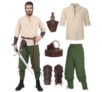 Chemise médiévale - Costume de Viking - Pour homme - Renaissance victorienne - Chemise à lacets - Chemise de pêcheur - Guerrière, gothique - Col montant - Cosplay - Pantalon à genouillères -
