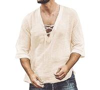 Chemise médiévale en lin pour homme - Manches 3/4 - Col rétro avec lacets - Chemise décontractée en lin - Chemise de yoga - Chemise d'été, beige, XL