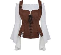 Chemise medievale Femme Veste Pirate Set 2 Pcs Blouse Vintage Victorien Rétro Médiévale Renaissance déguisement Costume Café XL
