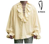 Chemise Médiévale Homme Manches Volants, Chemise Pirate Homme Col Revers Croisés à Lacets Couleur Unie Coupe Ample Vintage Vampire Blouse Décontracté Chic Renaissance Halloween Carnaval Cosplay Haut