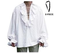 Chemise Médiévale Homme Manches Volants, Chemise Pirate Homme Col Revers Croisés à Lacets Couleur Unie Coupe Ample Vintage Vampire Blouse Décontracté Chic Renaissance Halloween Carnaval Cosplay Haut