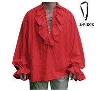 Chemise Médiévale Homme Manches Volants, Chemise Pirate Homme Col Revers Croisés à Lacets Couleur Unie Coupe Ample Vintage Vampire Blouse Décontracté Chic Renaissance Halloween Carnaval Cosplay Haut
