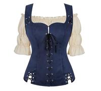 Chemise medievale Pirate Veste Set 2 pièces Femme Costume Vintage Gothique Victorien Retro Victoria Adulte déguisement Halloween Bleu Kaki 3XL