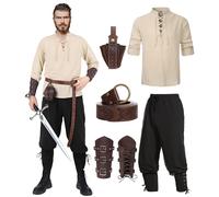 Chemise médiévale pour homme, costume de viking, Renaissance, victorien, chemise à lacets, chemise de pêcheur, guerrière, gothique, col montant, cosplay, haut avec pantalon à genouillères,