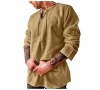 Chemise médiévale pour homme - Tunique en lin - Manches longues - Col rétro avec lacets - Chemise décontractée en lin - Chemise de yoga - Chemise d'été viking, kaki, M