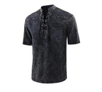 Chemise médiévale pour homme - Tunique gothique rétro - Manches courtes - Col en V - Confortable - Col montant - Pull Top avec lacets - Chemise de loisirs viking - Chemise d'été, Noir , XL