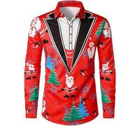 Chemise Moche De Noel Homme, Chemise sans Repassage Haut Manche Longue 3D Renne Xmas avec Poches Slim Fit Funky Christmas Print Col Rabattu avec Bouton Grande Taille Classique