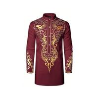 Chemise musulmane décontractée pour homme - Couleur unie - Boutonnée - Chemise à manches longues - Kurta - Tunique traditionnelle - Vêtement indien - Tenue africaine, rouge, S