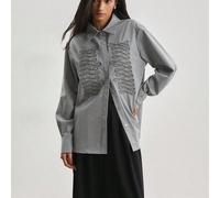 Chemise Napoleon minimaliste décontractée chic élégante avec détail de nœud tressé déconstruit devant, coupe ample, manches longues, blouse gris foncé pour le bureau en automne L,M,S,XSgraphiqueTissu 
