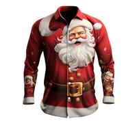 Chemise Noel Homme Chic - Haut de Chemise À Manches Longues avec Bouton Imprimé Numérique du Père Noël en 3D Pours (Red M)