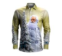 Chemise Noel Homme - Haut de Chemise À Manches Longues avec Bouton Imprimé Numérique du Père Noël en 3D Pours (Yellow M)