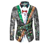 Chemise Noël Homme Paillettes, Chemise De Noël À Manches Longues pour Homme Col À Revers Rétro Années 70 80 T-Shirt Noel Tops Disco Chemisier Drôle Chemises Décontracté Christmas Haut Fête