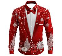 Chemise Noel Homme Rouge Manches Longues Chemise Disco Slim Fit-Blouse Pull de Noel Moche à Classique Haut Christmas Motif 3D Drole Print Tee Shirt Tunique Hommes Cadeau Xmas Noël et Fête (z3-Red, L)
