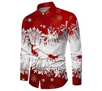 Chemise Noel Homme Rouge Manches Longues Chemise Disco Slim Fit-Blouse Pull de Noel Moche à Revers Classique Haut Christmas Motif 3D Drole Print Tee Shirt Tunique Hommes Cadeau Xmas Noël et Fête