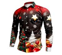Chemise Noel Homme Rouge Manches Longues Chemise Disco Slim Fit-Blouse Pull de Noel Moche à Revers Classique Haut Christmas Motif 3D Drole Print Tee Shirt Tunique Hommes Cadeau Xmas Noël et Fête