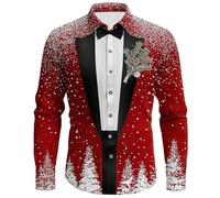 Chemise Noel Homme Rouge Manches Longues Chemise Disco Slim Fit-Blouse Pull de Noel Moche à Revers Classique Haut Christmas Motif 3D Drole Print Tee Shirt Tunique Hommes Cadeau Xmas Noël et Fête