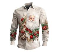 Chemise Noel Homme Rouge Manches Longues Chemise Disco Slim Fit-Blouse Pull de Noel Moche à Revers Classique Haut Christmas Motif 3D Drole Print Tee Shirt Tunique Hommes Cadeau Xmas Noël et Fête