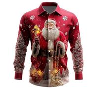 Chemise Noel Homme Rouge Manches Longues Chemise Disco Slim Fit-Blouse Pull de Noel Moche à Revers Classique Haut Christmas Motif 3D Drole Print Tee Shirt Tunique Hommes Cadeau Noël et Fête