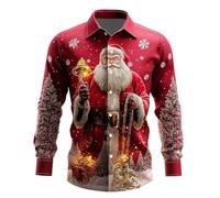 Chemise Noel Homme Rouge Manches Longues Chemise Disco Slim Fit-Blouse Pull de Noel Moche à Revers Classique Haut Christmas Motif 3D Drole Print Tee Shirt Tunique Hommes Cadeau Xmas Noël et Fête