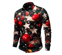 Chemise Noel Homme Rouge Manches Longues Chemise Disco Slim Fit-Blouse Pull de Noel Moche à Revers Classique Haut Christmas Motif 3D Drole Print Tee Shirt Tunique Hommes Cadeau Noël et Fête
