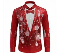 Chemise Noel Homme Rouge Manches Longues Chemise Disco Slim Fit-Blouse Pull de Noel Moche à Revers Classique Haut Christmas Motif 3D Drole Print Tee Shirt Tunique Hommes Cadeau Xmas Noël et Fête