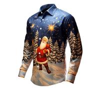 Chemise Noel Homme Rouge Manches Longues Chemise Disco Slim Fit-Blouse Pull de Noel Moche à Revers Classique Haut Christmas Motif 3D Drole Print Tee Shirt Tunique Hommes Cadeau Xmas Noël et Fête