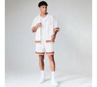 Chemise oversize coordonnée à imprimé graphique tropical régulier avec ourlet à rayures contrastées, style vacances d'été resort L,M,S,XL,XXLLettres,Rayé,TropicalPolyester,Tissu tissé