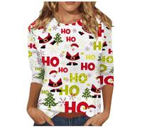 Chemise Oversize Femmes 2024 Europe et États-Unis Noël Halloween Femmes Manches Longues Col Rond T-shirt Pull Chaud Femmes (Blanc, S)