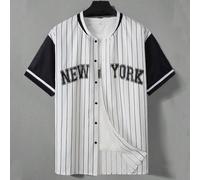 Chemise oversize pour hommes avec col de baseball imprimé de rayures et de lettres, sans t-shirt L,M,S,XL,XXLLettres,RayéÉtoffe