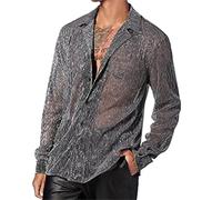 Chemise Paillette Homme Col Revers- Chemise Manches Longues en Maille Transparente Sexy Et Décontracté Bouton T-Shirt Éte Fin Respirante Comfortable Chic Haut Style Disco Clubwear Ample Top