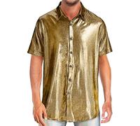 Chemise Paillette Homme Manches Courtes Chemise Disco Homme Couleur Unie Chemisette Homme Manche Courte de Travail Décontracté Chemise Annee 80 Homme Chemise à Paillettes Chemise Homme Paillette