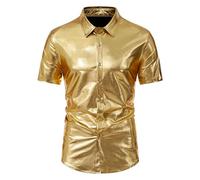 Chemise Paillettes Homme - Chemise Homme Nouvelle Discothèque Brillante Disco Chemise À Manches Courtes (Gold XL)