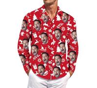 Chemise Personnalisée Chemise De Noël Homme- avec Votre Visage/Tête Photo Chemise A Fleur Homme Bouton Manches Longues Casual Shirt Cadeaux De Noël Personnalisés Multicolor M-5Xl