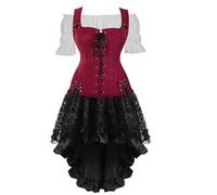 Chemise Pirate Veste 3 Set Femme Viking Vintage Gothique Victorien Médiévale Retro Victoria Adulte Déguisement Halloween Vin Rouge S