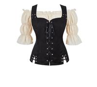 Chemise Pirate Veste Set 2 pièces Femme Vintage Gothique Victorien Médiévale Retro Victoria Adulte déguisement Tenue Noir Kaki XS